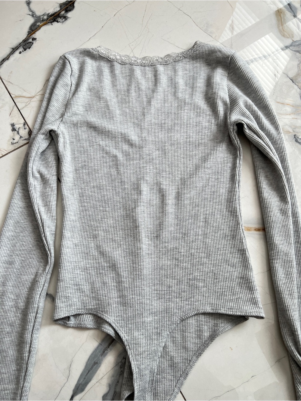 American Eagle Outfitters Grey Lace-Trim V-Neck Bodysuit size S - Picture 3 of 7